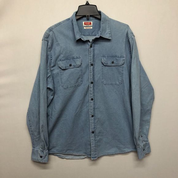 Wrangler Men Flex For Comfort Button Blue Denim Shirt Size Extra Large B219 -21 - Picture 1 of 14